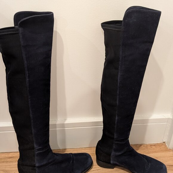 Stuart Weitzman  Navy & Black Over the Knee Suede Sock Boots - Picture 3 of 8
